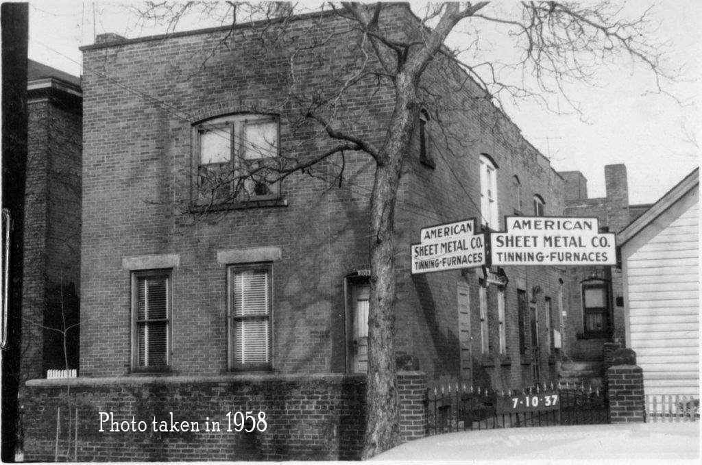 Historic black-and-white 1938 photo of the American Sheet Metal Co. building in Ohio City, Cleveland, now home to Tin Shop Gallery.