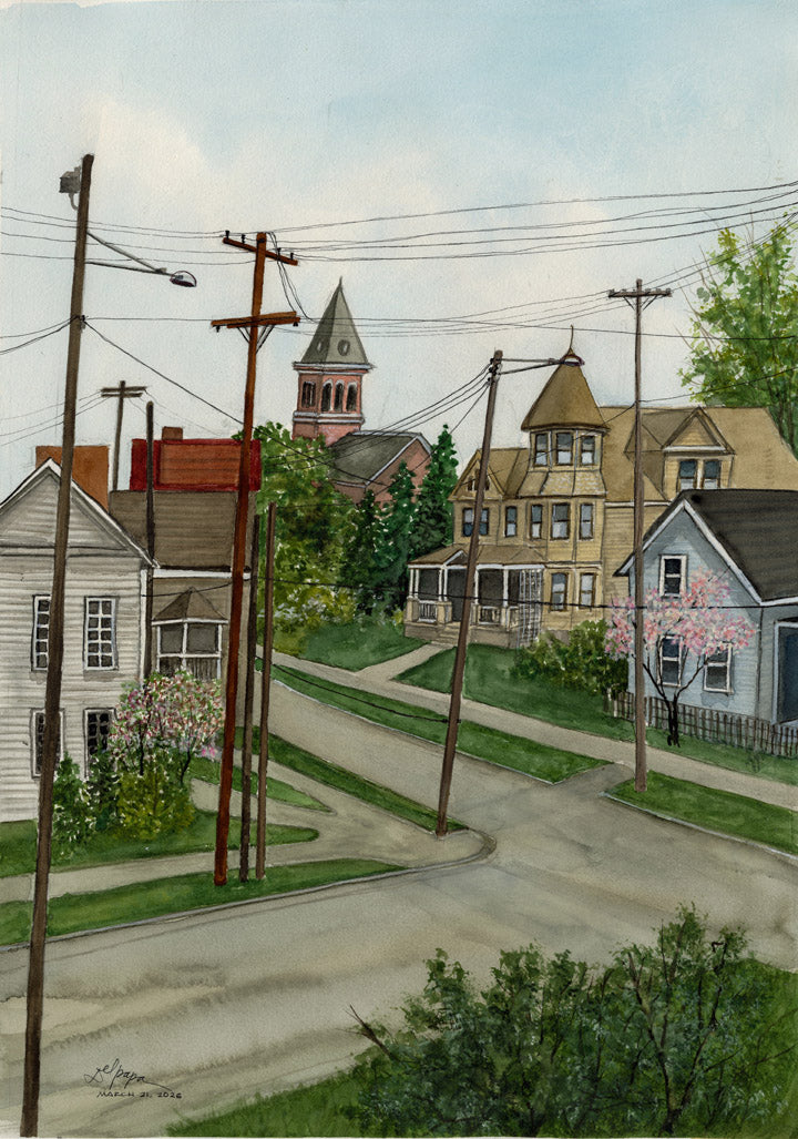 Watercolor painting of Carroll Street in Ohio City, Cleveland, featuring residential houses, utility poles, a church tower, and a quiet neighborhood street scene.