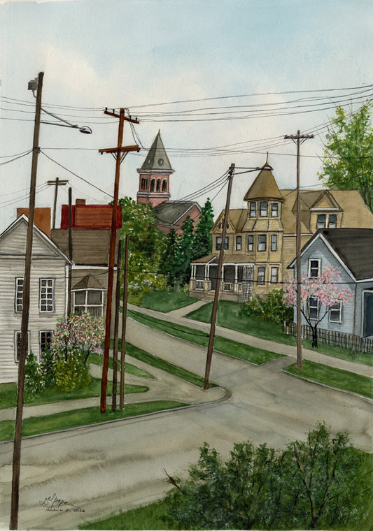Watercolor painting of Carroll Street in Ohio City, Cleveland, featuring residential houses, utility poles, a church tower, and a quiet neighborhood street scene.