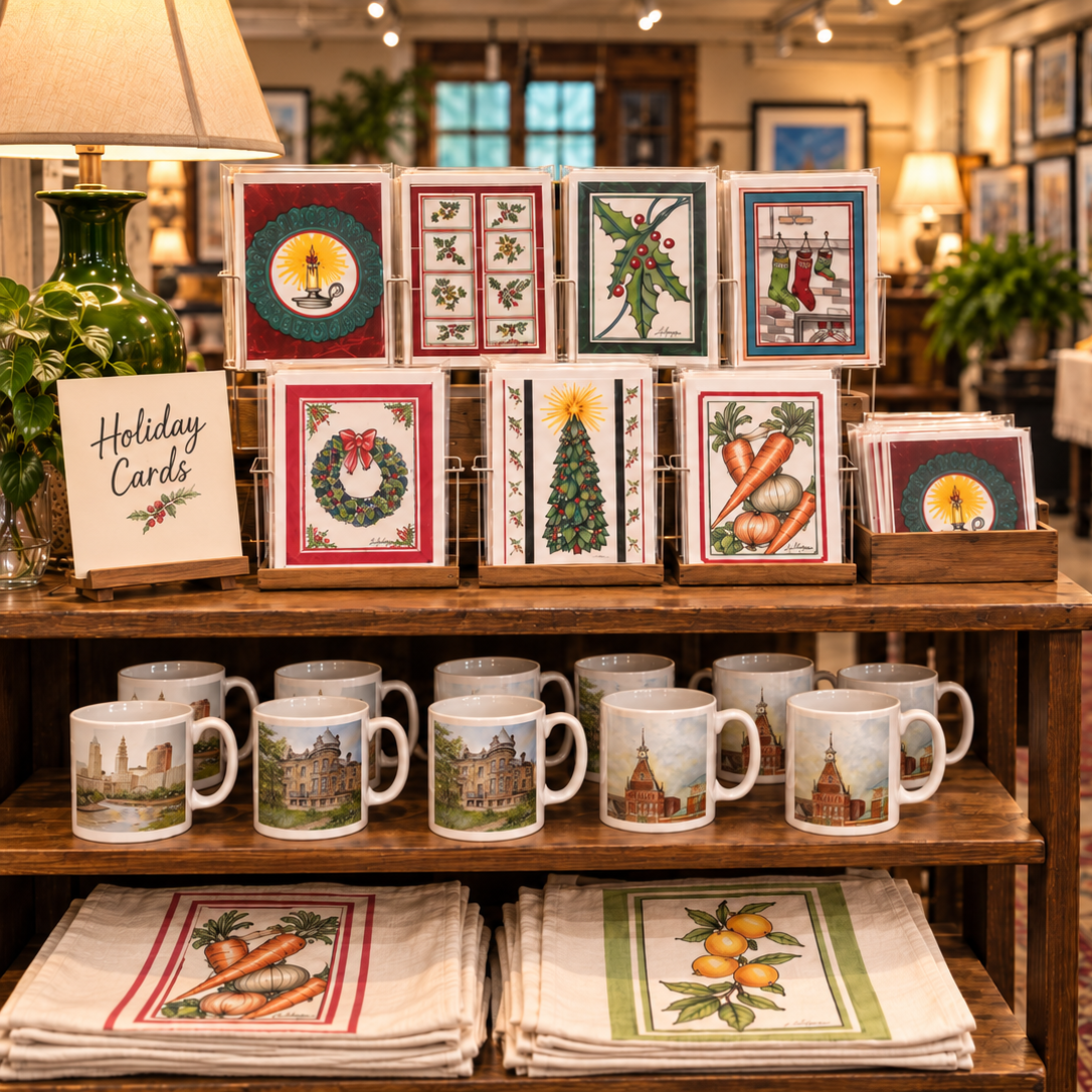 A retail display in a cozy home decor shop showcasing a collection of Christmas-themed mugs, folded napkins, and holiday cards on a wooden shelf. The display features various designs including a Christmas tree, wreaths, carrots, and winter scenes, with a sign reading 'Holiday Cards' on the left.