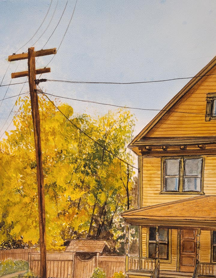 A painting depicting a yellow tree with autumn leaves next to a house, with power lines in the background.