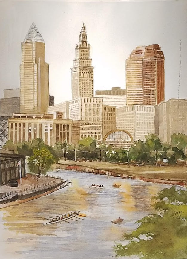 Watercolor painting of the Cleveland skyline viewed from the Cuyahoga River, featuring Terminal Tower, downtown skyscrapers, rowing shells on the water, and lush green trees along the riverbanks under a soft, warm sky.
