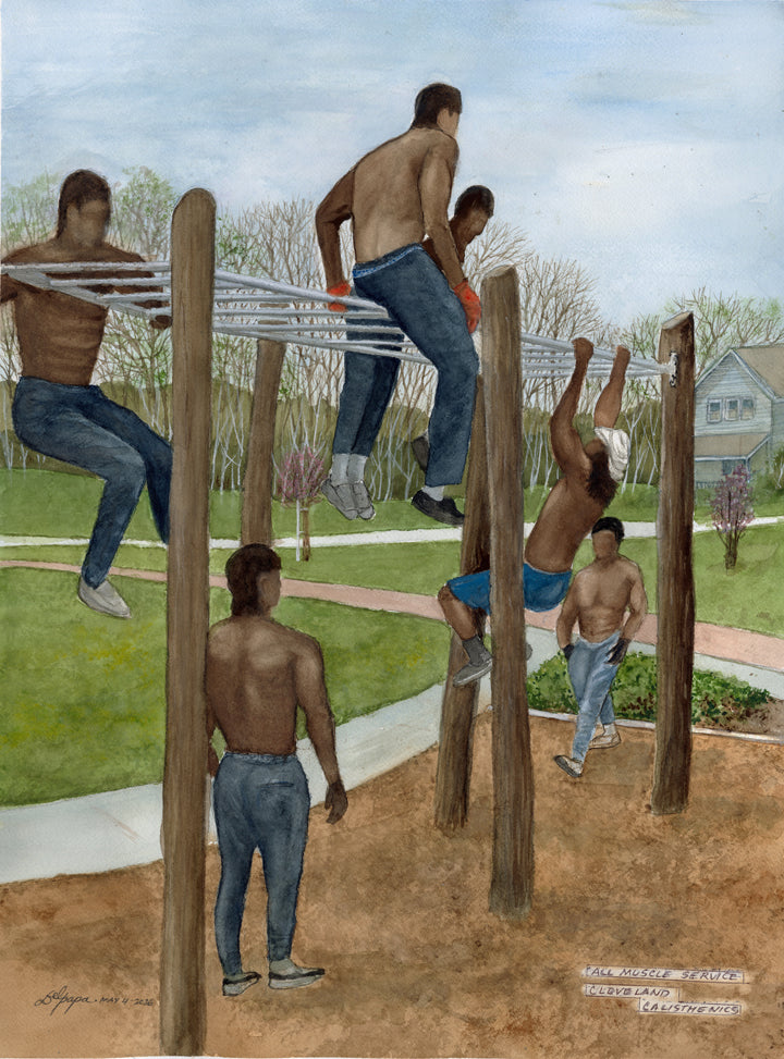 Watercolor painting of athletes from Cleveland Calisthenics performing exercises on outdoor bars at Thurgood Marshall Green in Cleveland, Ohio