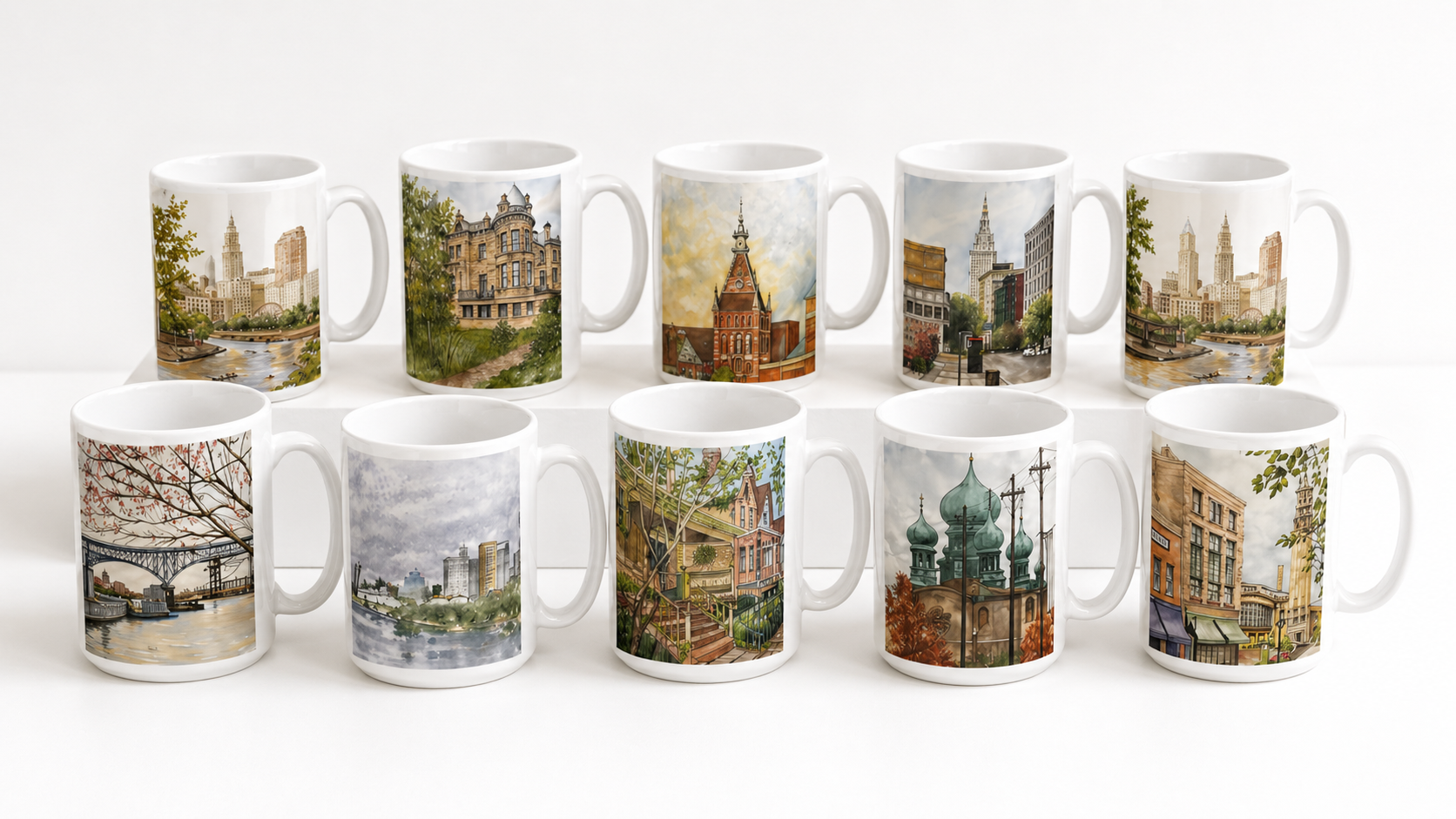 Set of 12 mugs with various scenic and architectural designs on a white background
