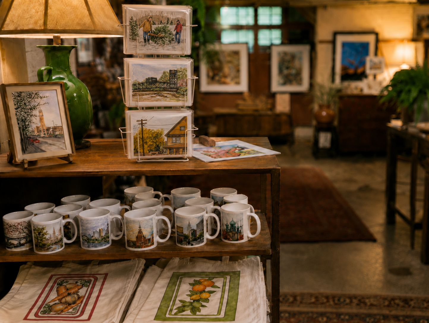 Display of Tin Shop Gallery gifts inside the Ohio City studio, featuring Chuck Delpapa watercolor mugs, tote bags, note cards, and prints with the gallery softly blurred in the background.