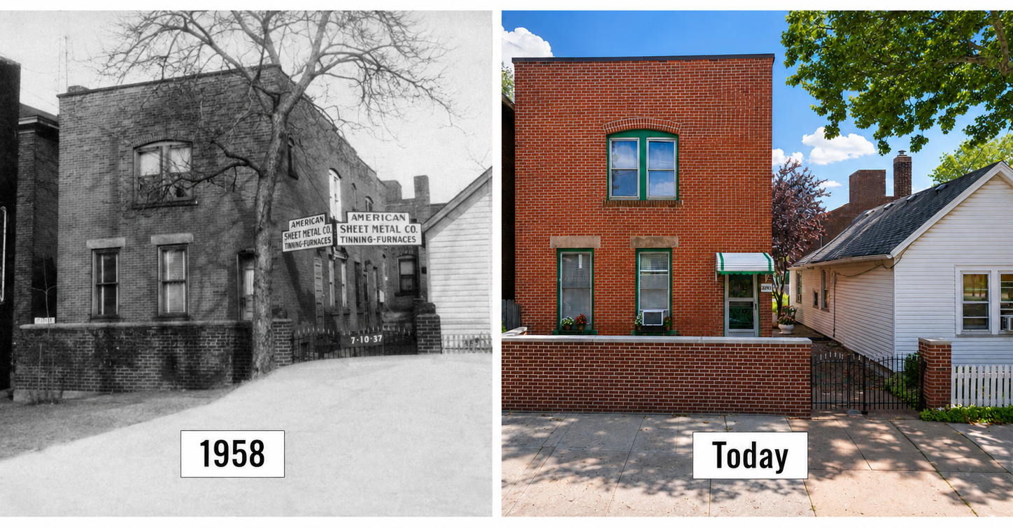 Side-by-side comparison of the Tin Shop Gallery building in Ohio City, Cleveland, showing a historic black-and-white photo from 1958 next to a current color photo of the building today.