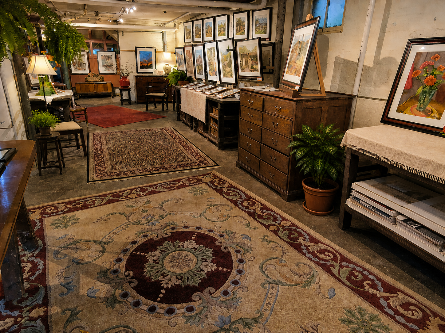 Interior of Tin Shop Gallery in Ohio City, Cleveland, showing a cozy open studio with framed watercolor paintings, vintage furniture, layered rugs, and a warm, inviting art display space.